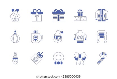 Christmas icon set. Duotone style line stroke and bold. Vector illustration. Containing christmas ball, muffin, gift, present, santa, hot chocolate, santa claus, sweater, winter hat, tag, wreath, bow.