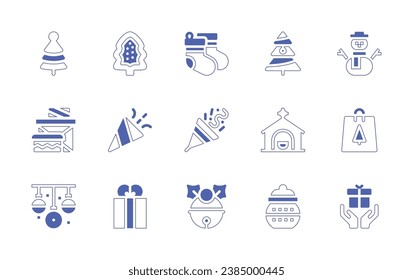 Christmas icon set. Duotone style line stroke and bold. Vector illustration. Containing tree, christmas, sock, confetti, manger, christmas balls, gift, jingle bell, incense.