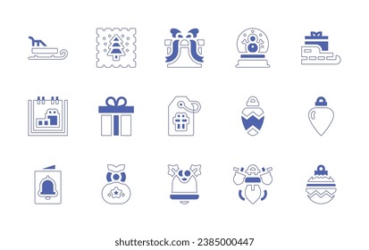 Christmas icon set. Duotone style line stroke and bold. Vector illustration. Containing sleigh, stamp, calendar, birthday and party, christmas card, gift bag, christmas present, snowglobe, tag.