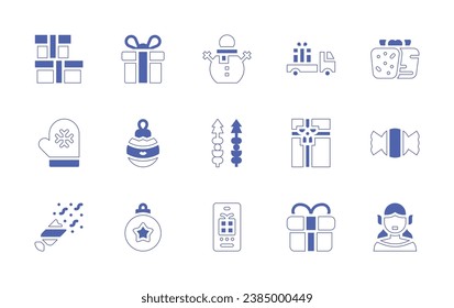 Christmas icon set. Duotone style line stroke and bold. Vector illustration. Containing gift, gift box, snowman, mittens, bauble, canapes, confetti, christmas, christmas present, truck, cake, box.