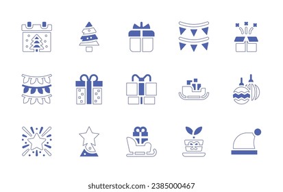 Christmas icon set. Duotone style line stroke and bold. Vector illustration. Containing christmas day, christmas tree, gift, garland, lights, sledge, fireworks, star, sled, christmas present