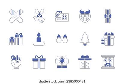 Christmas icon set. Duotone style line stroke and bold. Vector illustration. Containing bells, decor, giftbox, gift, christmas present, fireplace, beard, christmas tree, gift card, glasses, snow ball.