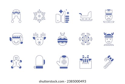 Christmas icon set. Duotone style line stroke and bold. Vector illustration. Containing rating, bauble, gloves, earflaps, snow, elf, deer, gingerbread man, mitten, sledge, nutcracker, snowflake, boy.