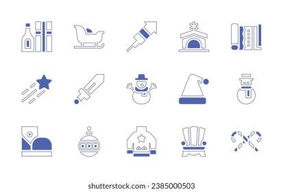 Christmas icon set. Duotone style line stroke and bold. Vector illustration. Containing gift, sledge, star, sword, boots, christmas ball, rocket, manger, gift wrap, snowman, santa hat, sweater.