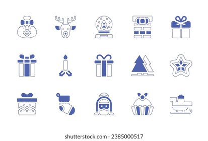 Juego de iconos de Navidad. Curso de línea de estilo duotónico y negrita. Ilustración vectorial. Conteniendo chimenea, árbol de navidad, muffin, saco, ciervo, globo de nieve, regalo, vela, regalo, caja de regalo, calcetín, santa joseph.