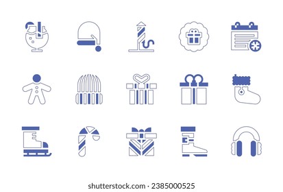 Christmas icon set. Duotone style line stroke and bold. Vector illustration. Containing santa hat, winter hat, candy cane, boot, calendar, christmas sock, earmuffs, sticker, gift, fireworks, present.