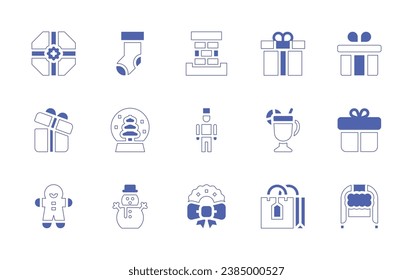 Christmas icon set. Duotone style line stroke and bold. Vector illustration. Containing boxing day, christmas sock, chimney, gift box, snow globe, nutcracker, gingerbread, snowman, wreath, gift.