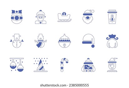 Christmas icon set. Duotone style line stroke and bold. Vector illustration. Containing christmas wreath, mrs claus, sleigh, snowman, bauble, christmas tree, candy cane, santa claus, coffee cup, hat.