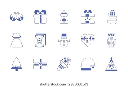 Christmas icon set. Duotone style line stroke and bold. Vector illustration. Containing bells, gift, elf, sack, greeting card, snowman, pine tree, present, birthday, gift box, cart, nutcracker, santa.