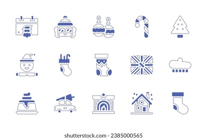 Christmas icon set. Duotone style line stroke and bold. Vector illustration. Containing calendar, gingerbread man, pudding, woman, bauble, candy cane, christmas tree, christmas sock, christmas, gift.