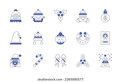 Christmas icon set. Duotone style line stroke and bold. Vector illustration. Containing beanie, christmas hat, elf, man, mistletoe, woman, bauble, winter hat, christmas wreath, door, candy cane.