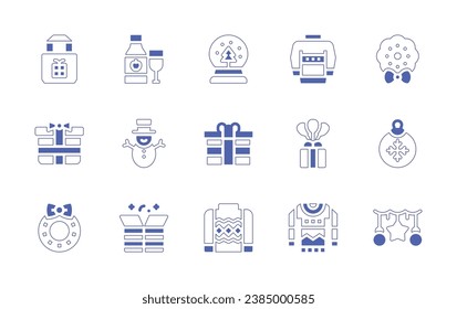 Christmas icon set. Duotone style line stroke and bold. Vector illustration. Containing christmas present, cider, snow globe, sweater, gift, snowman, present, balloon, wreath, christmas sweater.