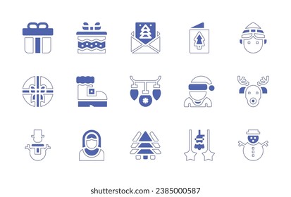 Christmas icon set. Duotone style line stroke and bold. Vector illustration. Containing gift, present, santa claus boot, snowman, virgin mary, christmas card, elf, decoration, man, rudolf, pine.