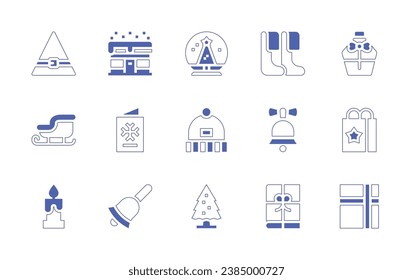 Christmas icon set. Duotone style line stroke and bold. Vector illustration. Containing elf, shop, snowball, stocking, sled, card, beanie, christmas bell, candle, christmas tree, gift.