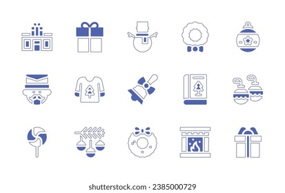 Christmas icon set. Duotone style line stroke and bold. Vector illustration. Containing gift shop, gift, snowman, wreath, nutcracker, sweater, christmas bell, book, candy, christmas tree.