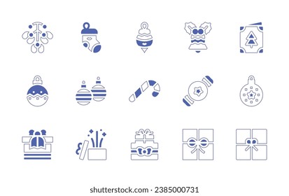 Christmas icon set. Duotone style line stroke and bold. Vector illustration. Containing mistletoe, sock, bauble, candy cane, gift, christmas present, bell, christmas card, candy, christmas ball.