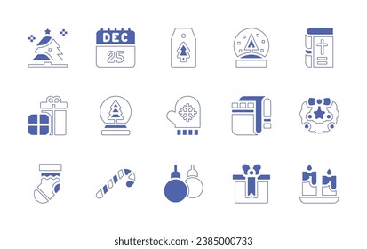 Christmas icon set. Duotone style line stroke and bold. Vector illustration. Containing christmas tree, december, price tag, snow globe, presents, snowglobe, mitten, blanket, sock, candy cane, baubles