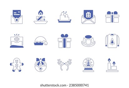 Christmas icon set. Duotone style line stroke and bold. Vector illustration. Containing christmas card, candle, christmas lights, elf, gift, jelly, gingerbread, jingle bell, headband, snow globe.