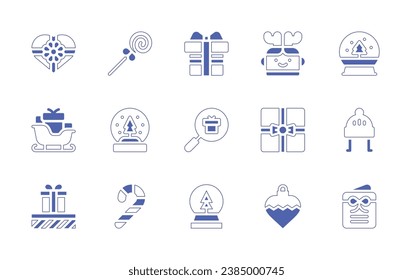 Christmas icon set. Duotone style line stroke and bold. Vector illustration. Containing gift, lollipop, sleigh, snowball, boxes, candy cane, man, search, present, winter hat, snow ball, bauble.