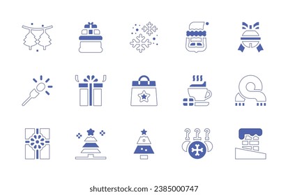 Christmas icon set. Duotone style line stroke and bold. Vector illustration. Containing decoration, sack, snowflake, sparkler, box, christmas bag, christmas tree, santa claus, sleigh bell.