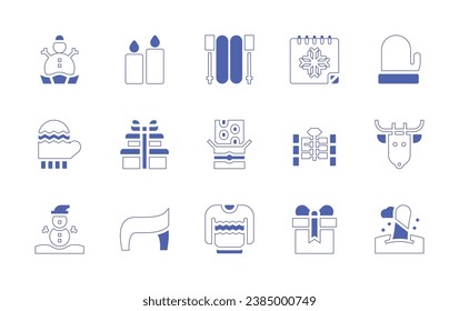 Christmas icon set. Duotone style line stroke and bold. Vector illustration. Containing candles, gift, hair, present, calendar, cracker, ski, winter gloves, nougat, reindeer, snowman, sweater, snow.