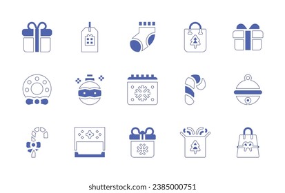 Christmas icon set. Duotone style line stroke and bold. Vector illustration. Containing gift, tag, sock, bag, advent, ball, christmas day, christmas candy, candy cane, christmas.