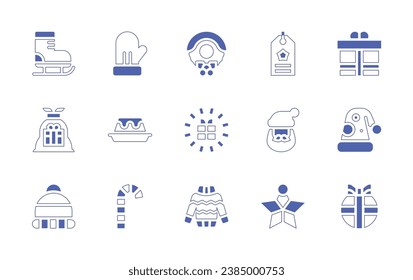 Christmas icon set. Duotone style line stroke and bold. Vector illustration. Containing ice skate, glove, sack, pudding, winter hat, candy cane, christmas wreath, label, gift, santa claus, santa hat.