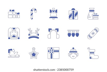Christmas icon set. Duotone style line stroke and bold. Vector illustration. Containing candy cane, reindeer, star, gift, lights, elf, socks, gifts, hoodie, sleigh, wedding bells, santa, earmuffs.