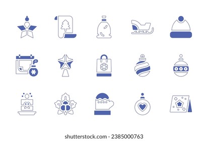 Christmas icon set. Duotone style line stroke and bold. Vector illustration. Containing star, wishlist, bag, christmas, candle, mistletoe, mitten, sled, cap, bauble, christmas ball, postcard.