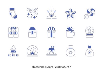 Christmas icon set. Duotone style line stroke and bold. Vector illustration. Containing sock, christmas, elf, christmas star, christmas present, gift, cocoa, snow, pudding, santa claus, lollipop, snow