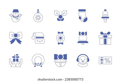 Christmas icon set. Duotone style line stroke and bold. Vector illustration. Containing christmas ball, christmas hat, wreath, christmas sock, packard bell, snowman, mistletoe, bell, polvoron, present