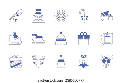 Christmas icon set. Duotone style line stroke and bold. Vector illustration. Containing christmas tree, fireworks, beanie, firework, snowman, sled, gift, deer, candy, truck, eggnog, bell, mistletoe.