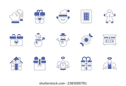 Christmas icon set. Duotone style line stroke and bold. Vector illustration. Containing angel, elf, snowman, mittens, gift, cabins, shortbread, gingerbread man, polvoron, coffer.