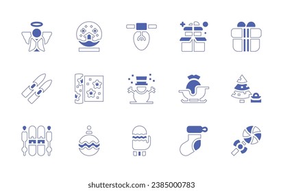 Christmas icon set. Duotone style line stroke and bold. Vector illustration. Containing snowball, wrapping paper, christmas ball, christmas sock, box, sleigh, gift, snowman, holidays, winter gloves.