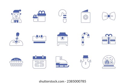 Christmas icon set. Duotone style line stroke and bold. Vector illustration. Containing christmas card, snowman, fox, gifts, candy, snowboard, gift, gold, pie, calendar, ice skate, bow, birthday, snow