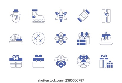 Christmas icon set. Duotone style line stroke and bold. Vector illustration. Containing christmas candy, giftbox, christmas wreath, snowman, ice skates, flower, roll cake, cookies, snowflake, gift.