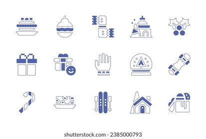 Christmas icon set. Duotone style line stroke and bold. Vector illustration. Containing bauble, gift, nougat, bank, snow globe, house, mince pie, candy cane, ski, scarf, mistletoe, gloves, snowboard.