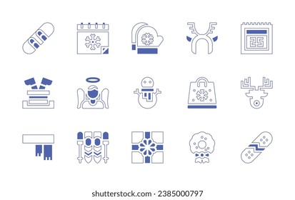 Christmas icon set. Duotone style line stroke and bold. Vector illustration. Containing headband, shopping bag, christmas wreath, snowboard, calendar, mittens, santa, angel, snowman, scarf, ski, gift.