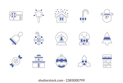 Christmas icon set. Duotone style line stroke and bold. Vector illustration. Containing house, snow ball, ball, gift, light stick, bell, snowflake, polvoron, gifts, candy cane, snowman, gingerbread.