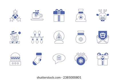 Christmas icon set. Duotone style line stroke and bold. Vector illustration. Containing coffee cup, lights, christmas stocking, sack, santa claus, bauble, gift, snow globe, chat, mistletoe, deer, snow