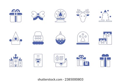Christmas icon set. Duotone style line stroke and bold. Vector illustration. Containing snow globe, bauble, greeting card, gift, bow, party hat, winter hat, church, phone, deer, pine, present.