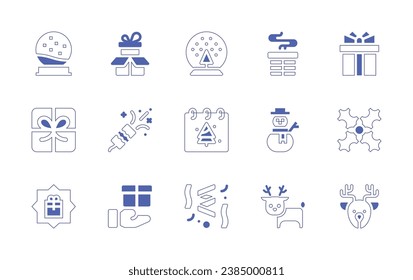 Christmas icon set. Duotone style line stroke and bold. Vector illustration. Containing snow globe, calendar, confetti, snow, gift, present, chimney, snowman, mistletoe, reindeer, deer.