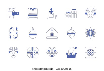 Christmas icon set. Duotone style line stroke and bold. Vector illustration. Containing sweater, christmas ball, gift, elf hat, presents, candle, gingerbread house, poinsettia, nougat, reindeer, candy