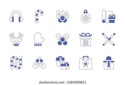 Christmas icon set. Duotone style line stroke and bold. Vector illustration. Containing bauble, christmas present, gift bag, earmuffs, candy cane, mistletoe, deer, mitten, gift, gift wrap, ski.