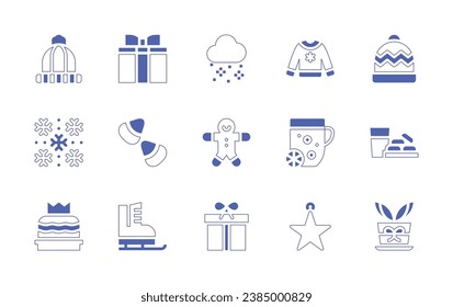 Christmas icon set. Duotone style line stroke and bold. Vector illustration. Containing jumper, punch, star, winter hat, gift, snowing, snow, candies, gingerbread man, king cake, ice skate, gift box.