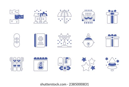 Christmas icon set. Duotone style line stroke and bold. Vector illustration. Containing christmas, jingle bell, star, nougat, house, umbrella, snowboard, passport, street light, ski, calendar, mailbox