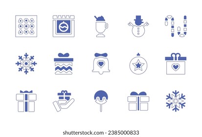 Christmas icon set. Duotone style line stroke and bold. Vector illustration. Containing snowman, bauble, gift, chocolate box, calendar, eggnog, snowflake, gift box, wedding bells, lollipop, candy cane