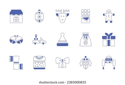 Christmas icon set. Duotone style line stroke and bold. Vector illustration. Containing bauble, car, sweater, chocolate bar, gift bag, mistletoe, deer, santa claus, ribbon, gift shop, gingerbread man.