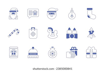 Christmas icon set. Duotone style line stroke and bold. Vector illustration. Containing santa claus, candy cane, gift, ornament, sock, shopping bag, rocking horse, candles, christmas tree, beanie.