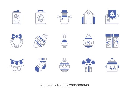 Christmas icon set. Duotone style line stroke and bold. Vector illustration. Containing christmas card, wreath, lights, shopping bag, snowman, christmas day, bauble.